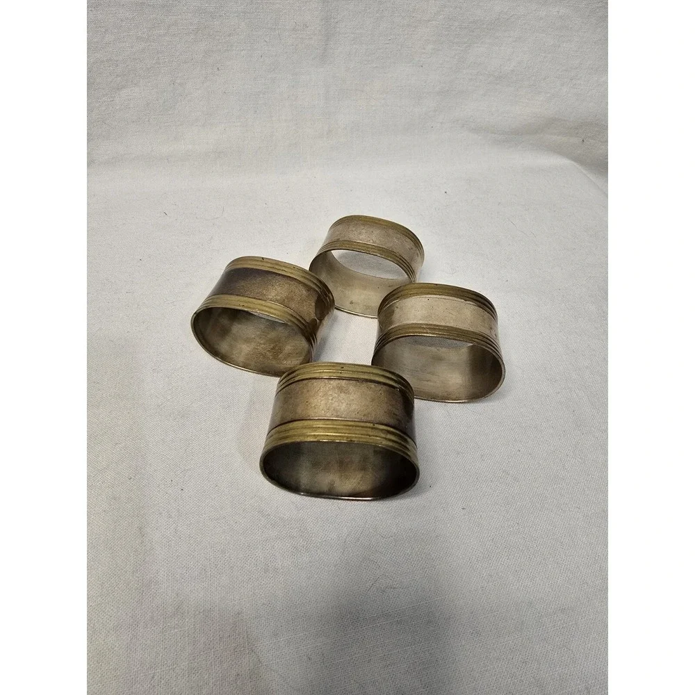 Vintage Mixed Metal Napkin‎ Rings Set of 4 Oval Two Tone Silver Brass Patina